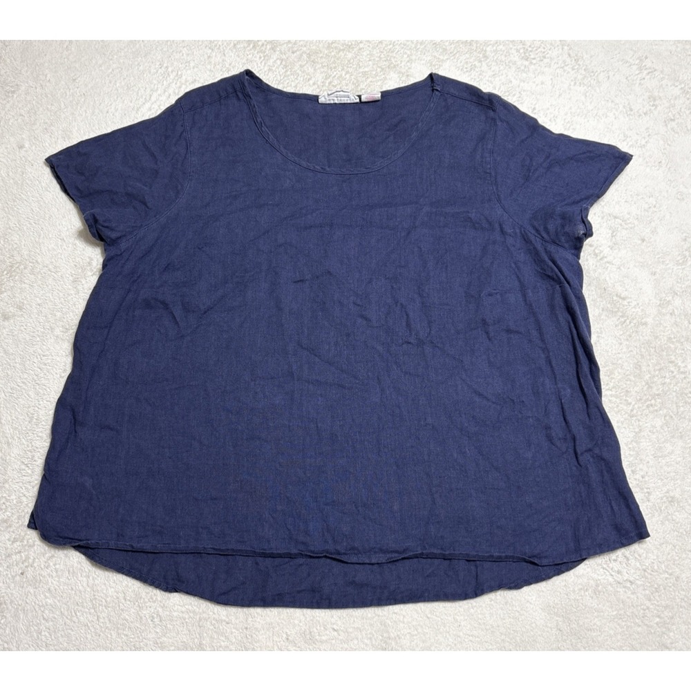 100% Linen Shirt Womens 1X Isaac Mizrahi Blue Short Sleeve High Low Hem Boxy